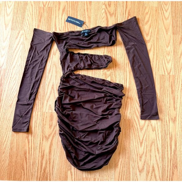 Chocolate Slinky Cut Out Bodycon Mini Dress Size 4 Bardot Y2K Baddie Clubwear - Picture 6 of 11